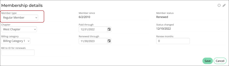 Membership details panel with box around member type drop down